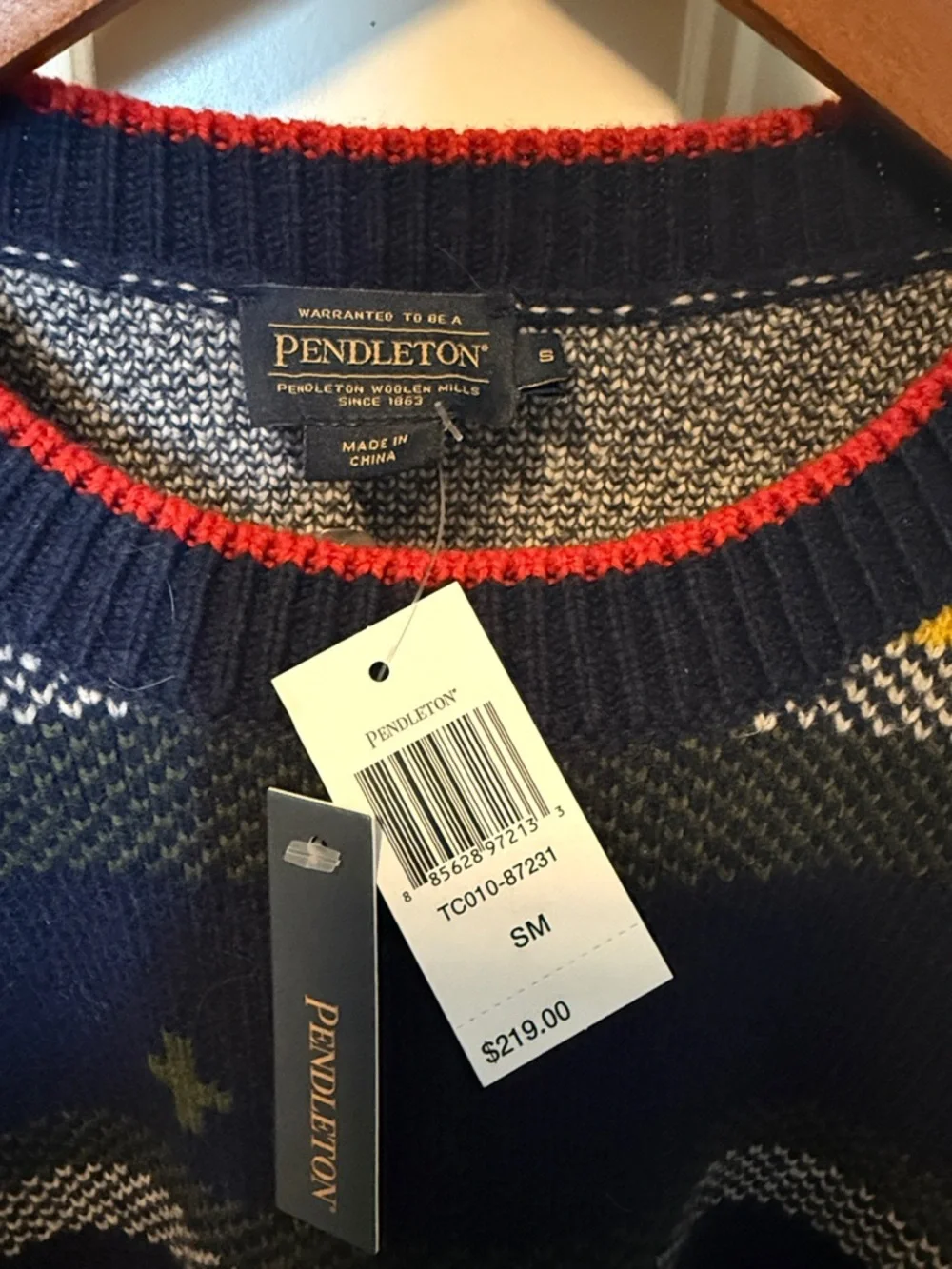 Pendleton Navy Crewneck Sweater with Multicolor Stripes - Picture 2 of 3
